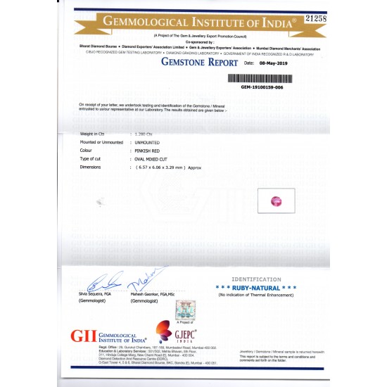 1.28 Ct GII Certified Unheated Untreated Natural Madagaskar Ruby AAA