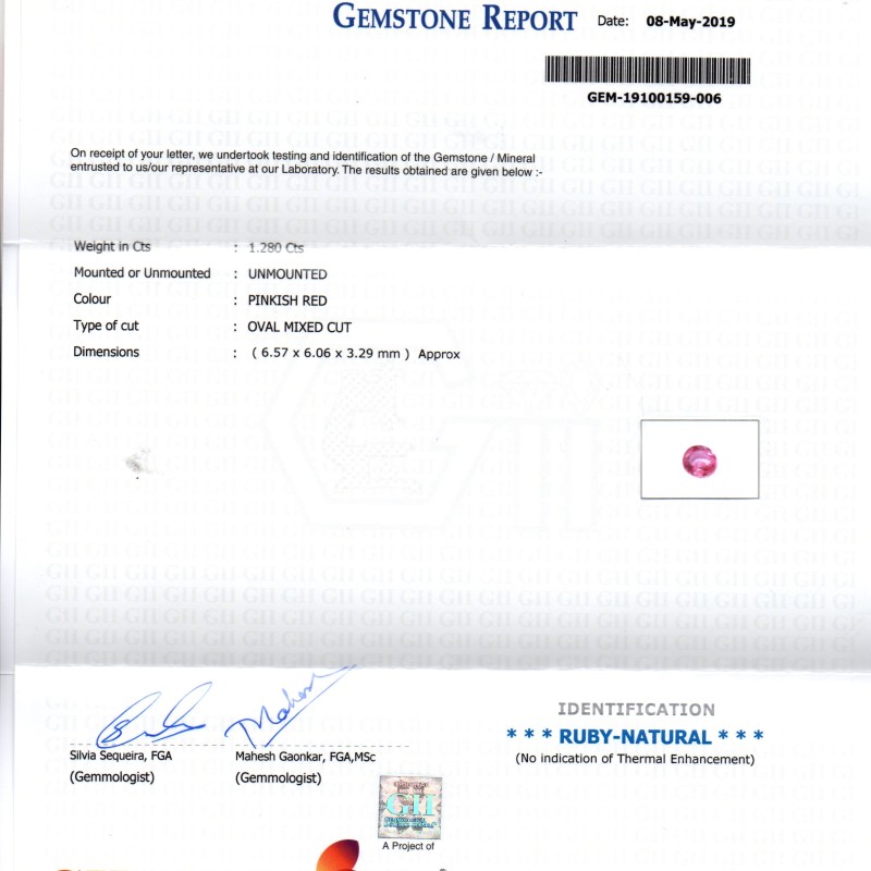 1.28 Ct GII Certified Unheated Untreated Natural Madagaskar Ruby AAA