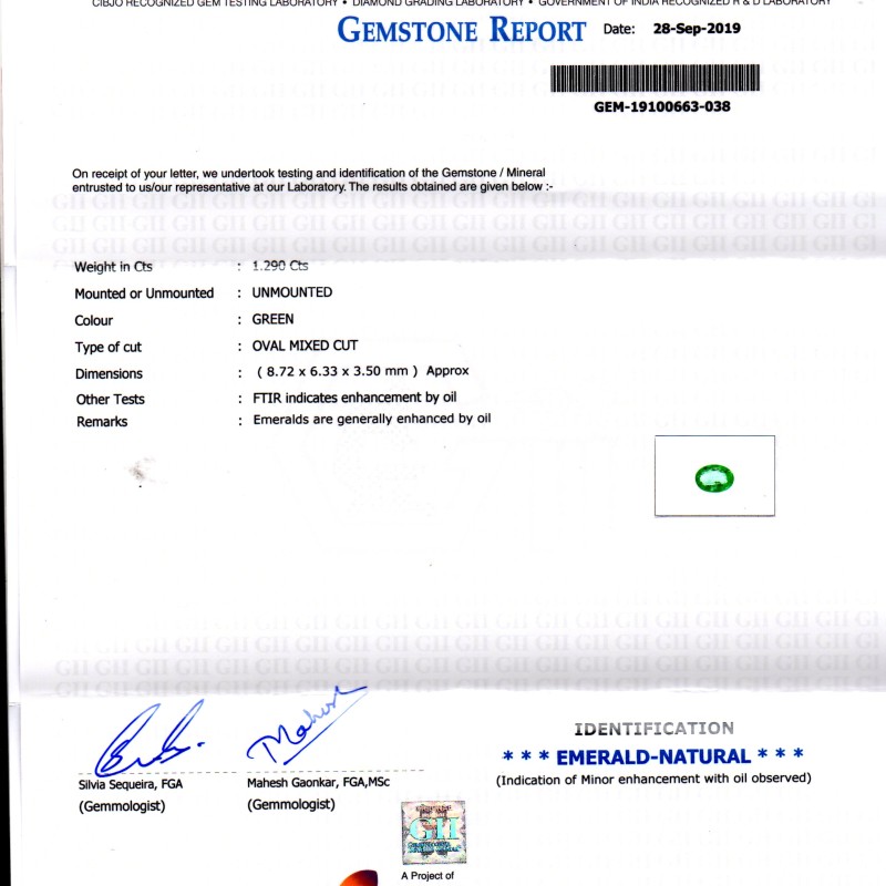 1.29 Ct GII Certified Untreated Natural Zambian Emerald Gemstone AAAAA