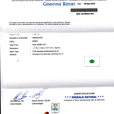 1.29 Ct GII Certified Untreated Natural Zambian Emerald Gemstone AAA 1.29 Ct GII Certified Untreated Natural Zambian Emerald Gemstone AAA