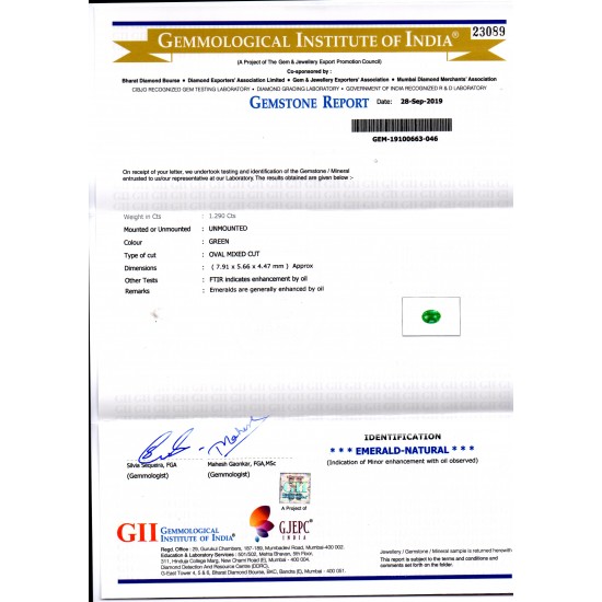 1.29 Ct GII Certified Untreated Natural Zambian Emerald Gemstone AAA