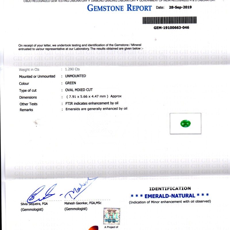 1.29 Ct GII Certified Untreated Natural Zambian Emerald Gemstone AAA 1.29 Ct GII Certified Untreated Natural Zambian Emerald Gemstone AAA