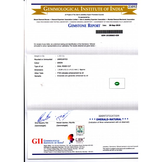 1.30 Ct GII Certified Untreated Natural Zambian Emerald Gemstone AAAAA
