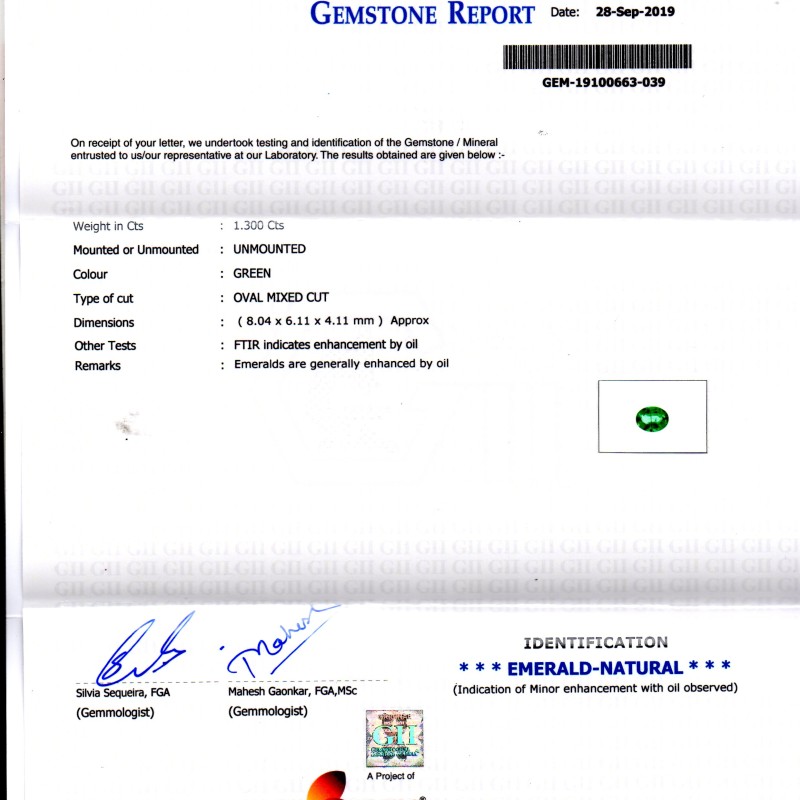 1.30 Ct GII Certified Untreated Natural Zambian Emerald Gemstone AAAAA