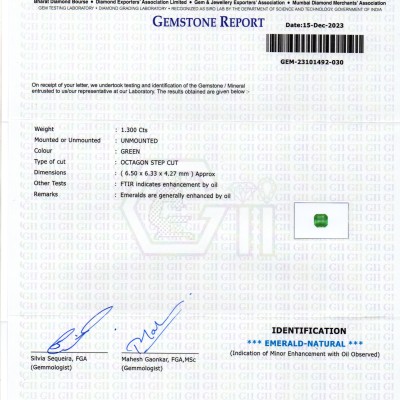 1.30 Ct GII Certified Untreated Natural Zambian Emerald Panna AAAA 1.30 Ct GII Certified Untreated Natural Zambian Emerald Panna AAAA