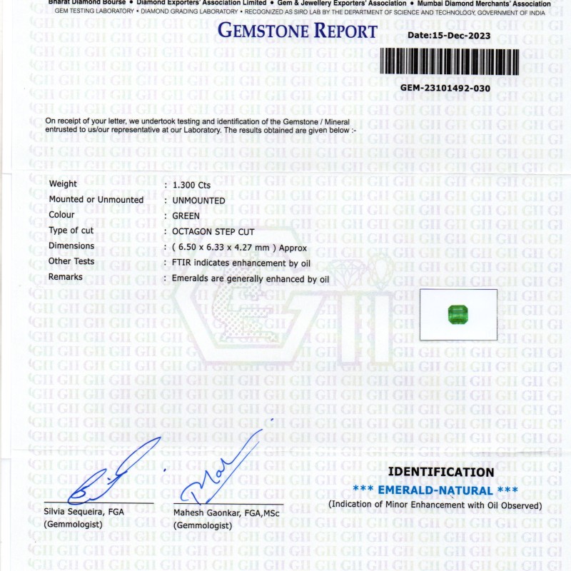 1.30 Ct GII Certified Untreated Natural Zambian Emerald Panna AAAA 1.30 Ct GII Certified Untreated Natural Zambian Emerald Panna AAAA