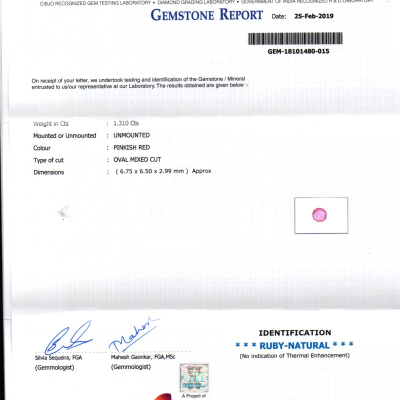 1.31 Ct GII Certified Unheated Untreated Natural Madagaskar Ruby A++