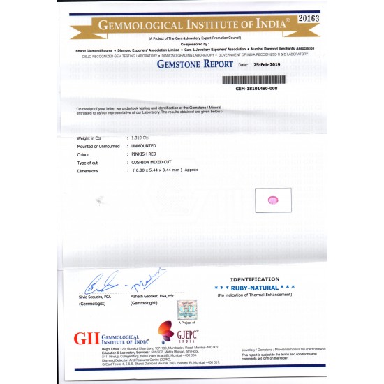 1.31 Ct GII Certified Unheated Untreated Natural Madagaskar Ruby AAA