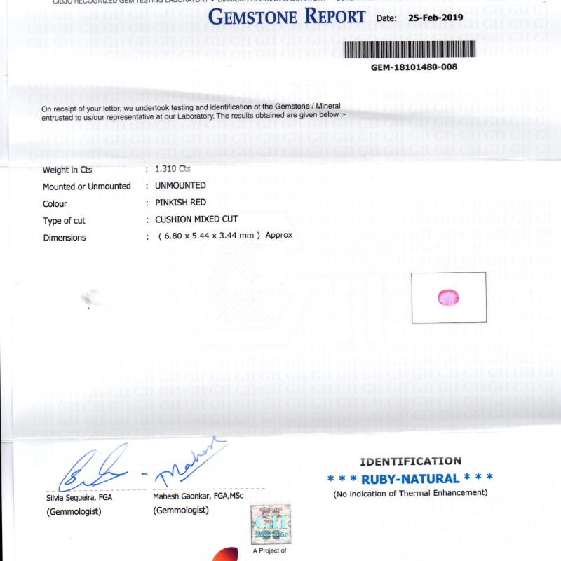 1.31 Ct GII Certified Unheated Untreated Natural Madagaskar Ruby AAA 1.31 Ct GII Certified Unheated Untreated Natural Madagaskar Ruby AAA