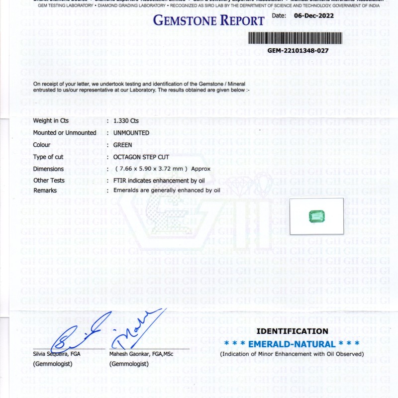 1.33 Ct GII Certified Untreated Natural Colombian Emerald Gemstone AAA 1.33 Ct GII Certified Untreated Natural Colombian Emerald Gemstone AAA