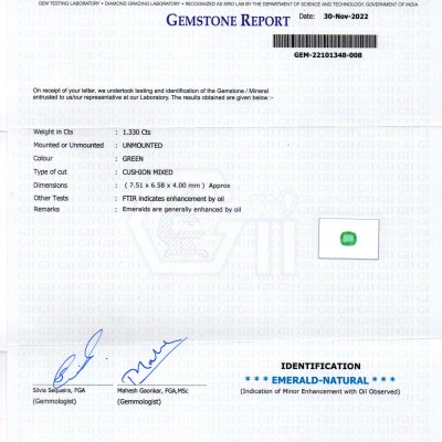 1.33 Ct GII Certified Untreated Natural Zambian Emerald Gemstone AAA 1.33 Ct GII Certified Untreated Natural Zambian Emerald Gemstone AAA