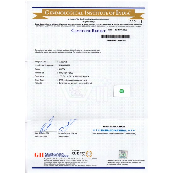1.33 Ct GII Certified Untreated Natural Zambian Emerald Gemstone AAA