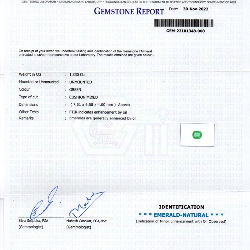 1.33 Ct GII Certified Untreated Natural Zambian Emerald Gemstone AAA 1.33 Ct GII Certified Untreated Natural Zambian Emerald Gemstone AAA