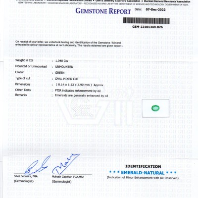 1.34 Ct GII Certified Untreated Natural Colombian Emerald Gemstone AAA
