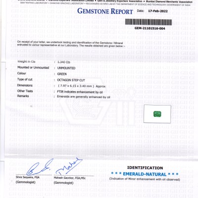 1.34 Ct GII Certified Untreated Natural Zambian Emerald Gemstone AAA 1.34 Ct GII Certified Untreated Natural Zambian Emerald Gemstone AAA
