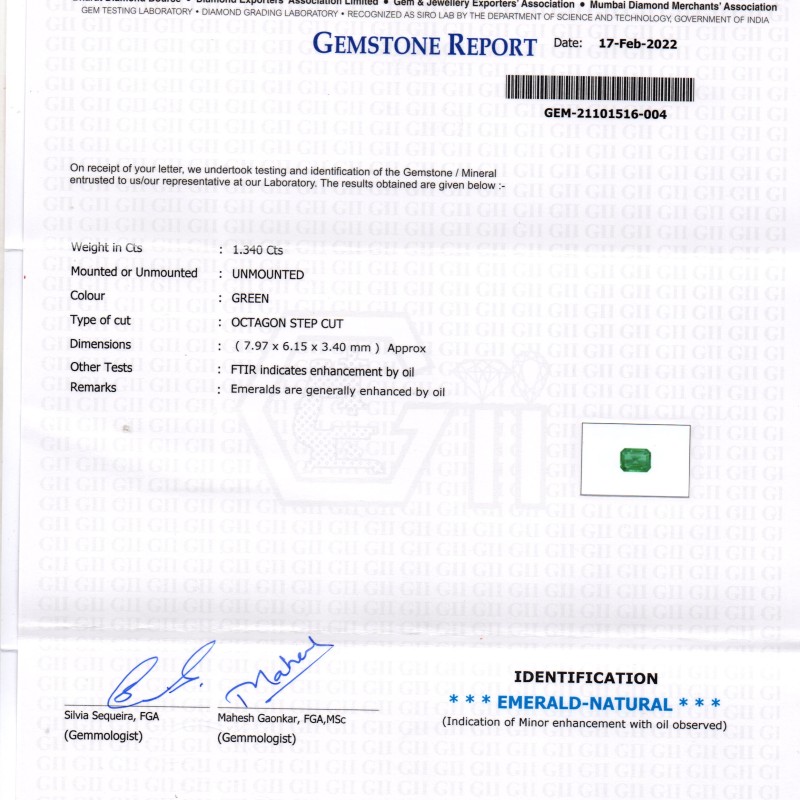 1.34 Ct GII Certified Untreated Natural Zambian Emerald Gemstone AAA 1.34 Ct GII Certified Untreated Natural Zambian Emerald Gemstone AAA