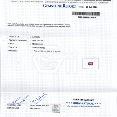 1.34 Ct GII Certified Unheated Untreted Natural Madagaskar Ruby Gems 1.34 Ct GII Certified Unheated Untreted Natural Madagaskar Ruby Gems