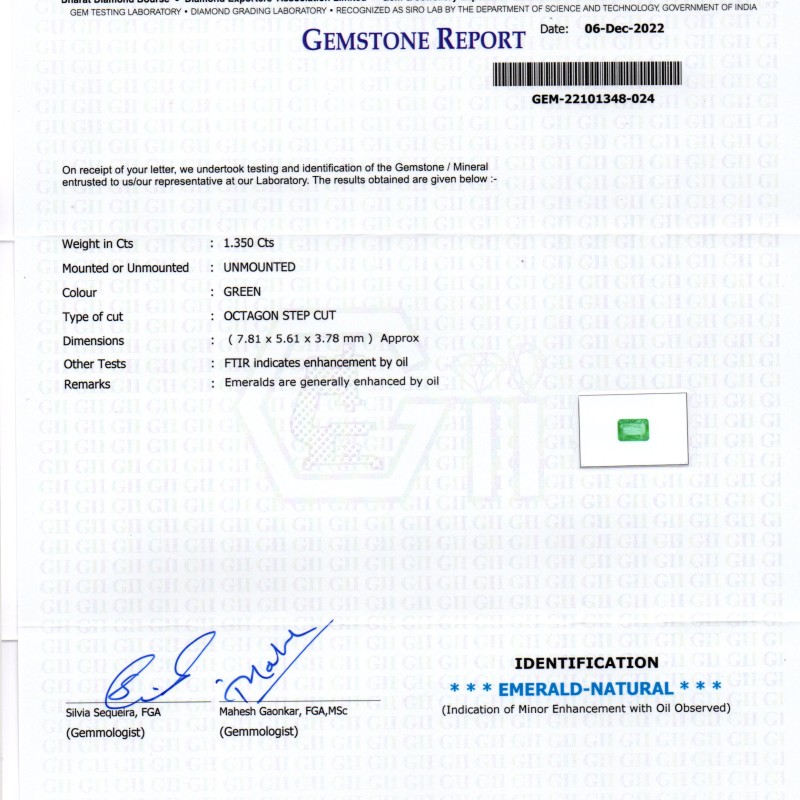 1.35 Ct GII Certified Untreated Natural Colombian Emerald Gemstone AAA