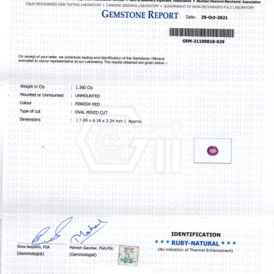 1.38 Ct GII Certified Unheated Untreted Natural Madagaskar Ruby Gems
