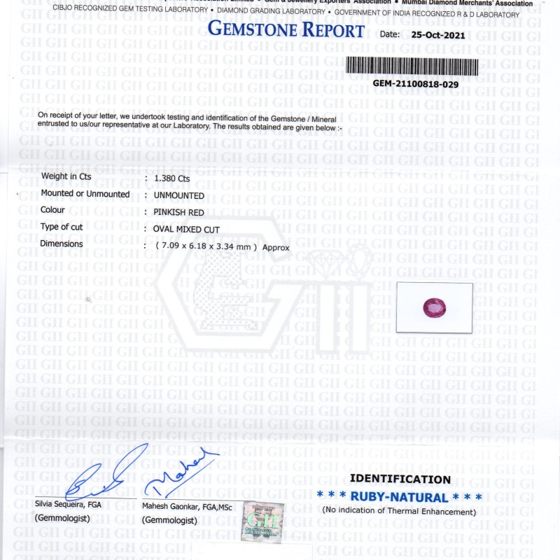 1.38 Ct GII Certified Unheated Untreted Natural Madagaskar Ruby Gems