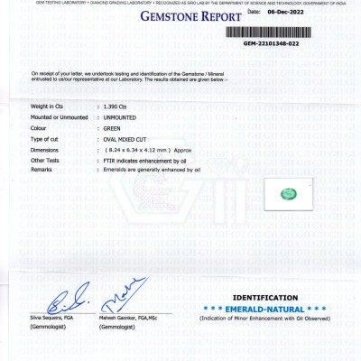 1.39 Ct GII Certified Untreated Natural Colombian Emerald Gemstone AAA