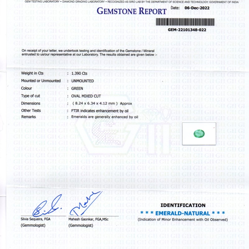 1.39 Ct GII Certified Untreated Natural Colombian Emerald Gemstone AAA