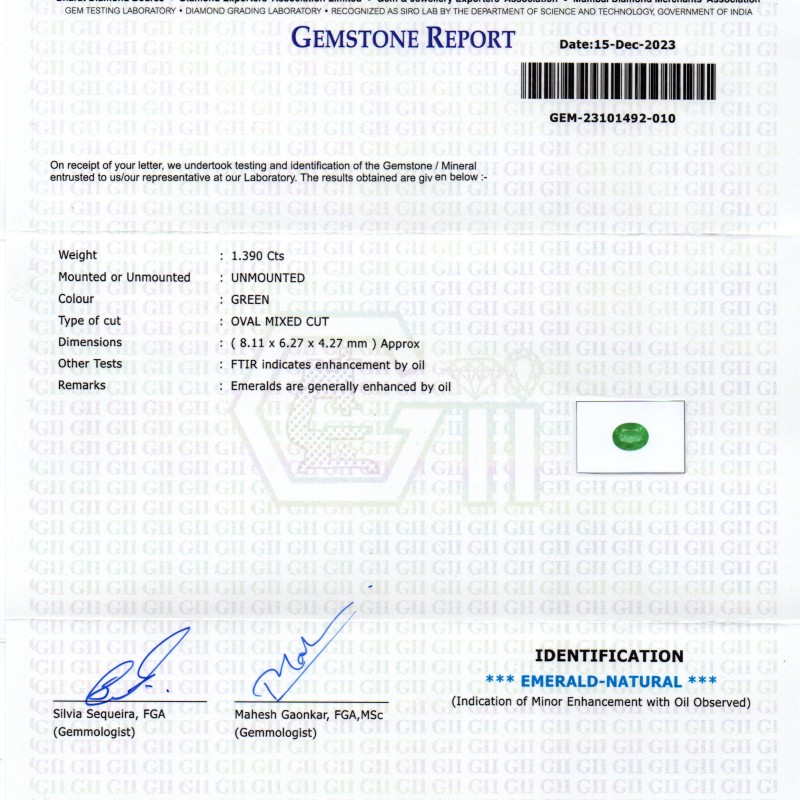 1.39 Ct GII Certified Untreated Natural Zambian Emerald Panna AAAA