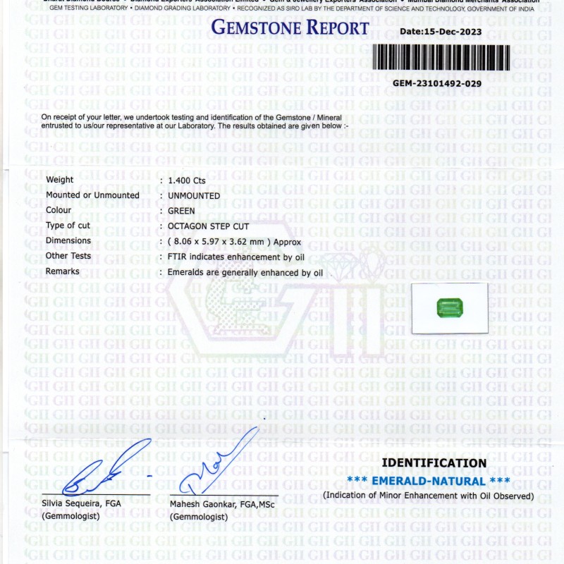 1.40 Ct GII Certified Untreated Natural Zambian Emerald Panna AAAA