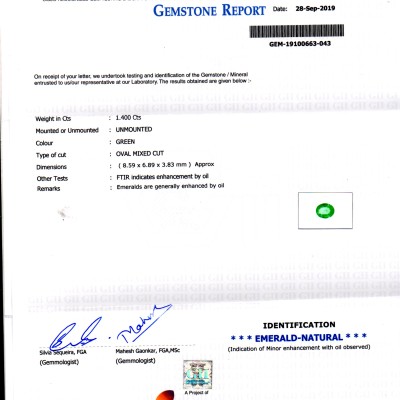 1.40 Ct GII Certified Untreated Natural Zambian Emerald Gemstone AAA 1.40 Ct GII Certified Untreated Natural Zambian Emerald Gemstone AAA
