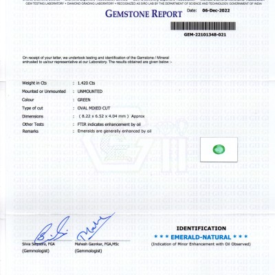 1.42 Ct GII Certified Untreated Natural Colombian Emerald Gemstone AAA 1.42 Ct GII Certified Untreated Natural Colombian Emerald Gemstone AAA