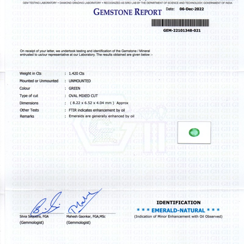 1.42 Ct GII Certified Untreated Natural Colombian Emerald Gemstone AAA 1.42 Ct GII Certified Untreated Natural Colombian Emerald Gemstone AAA