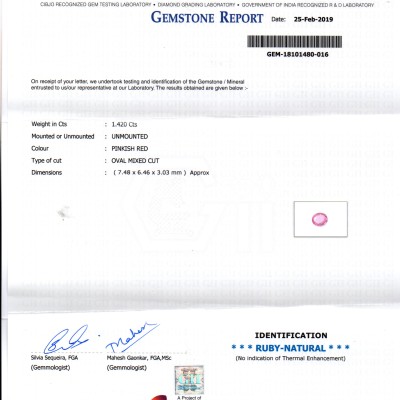 1.42 Ct GII Certified Unheated Untreated Natural Madagaskar Ruby AAA 1.42 Ct GII Certified Unheated Untreated Natural Madagaskar Ruby AAA