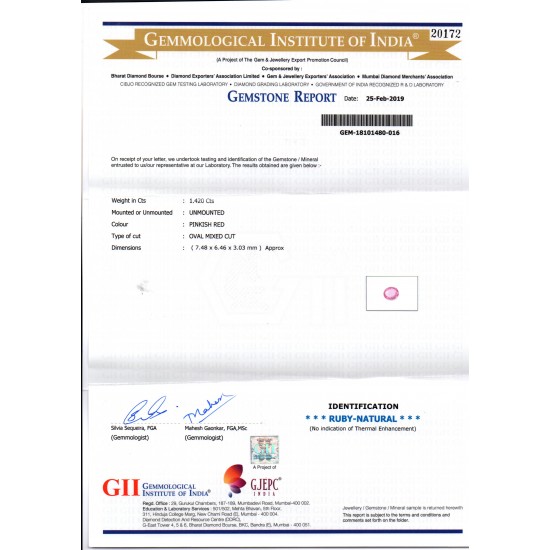1.42 Ct GII Certified Unheated Untreated Natural Madagaskar Ruby AAA