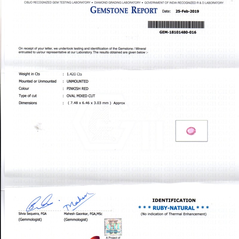 1.42 Ct GII Certified Unheated Untreated Natural Madagaskar Ruby AAA 1.42 Ct GII Certified Unheated Untreated Natural Madagaskar Ruby AAA