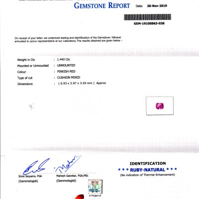 1.44 Ct GII Certified Unheated Untreated Natural Madagaskar Ruby 1.44 Ct GII Certified Unheated Untreated Natural Madagaskar Ruby