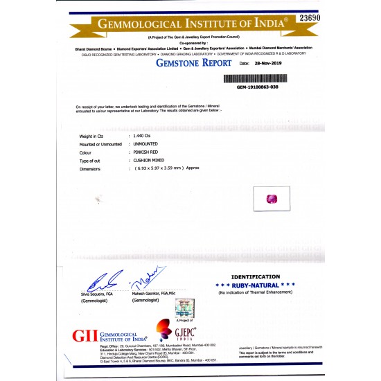 1.44 Ct GII Certified Unheated Untreated Natural Madagaskar Ruby