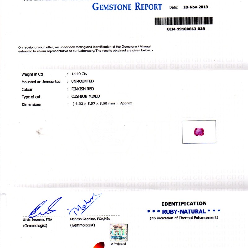 1.44 Ct GII Certified Unheated Untreated Natural Madagaskar Ruby 1.44 Ct GII Certified Unheated Untreated Natural Madagaskar Ruby