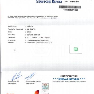 1.45 Ct Untreated Natural Zambian Emerald Gemstone Panna Gems AAAAA