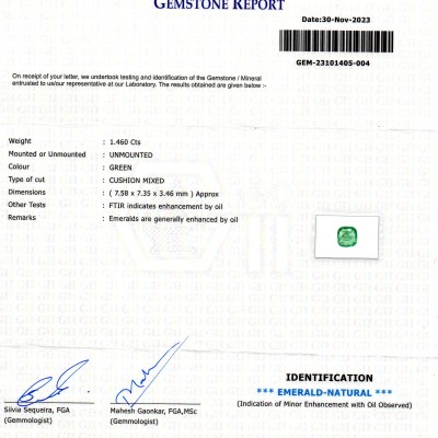1.46 Ct GII Certified Untreated Natural Zambian Emerald Panna Gems 1.46 Ct GII Certified Untreated Natural Zambian Emerald Panna Gems