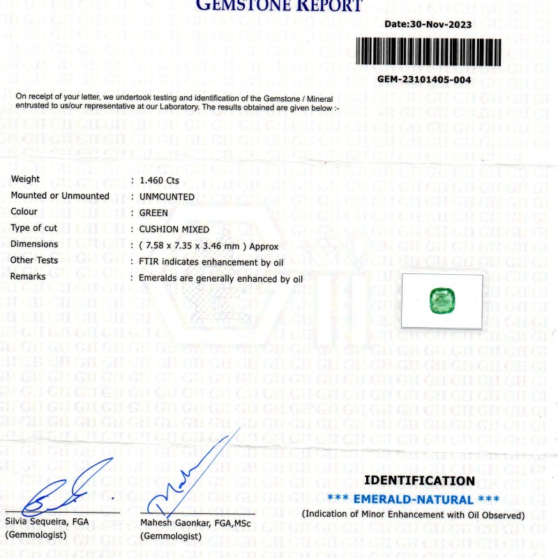 1.46 Ct GII Certified Untreated Natural Zambian Emerald Panna Gems 1.46 Ct GII Certified Untreated Natural Zambian Emerald Panna Gems