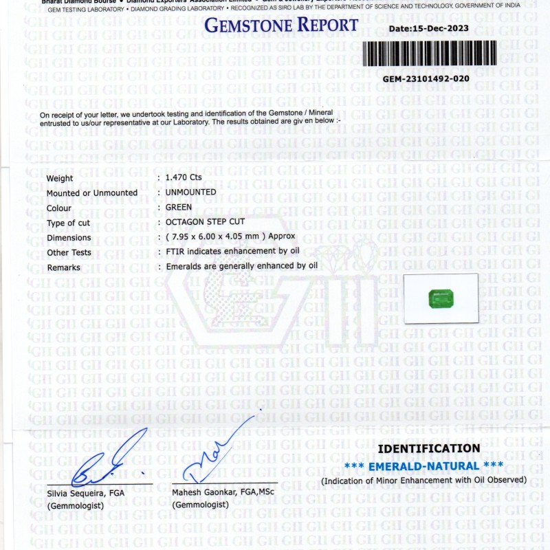1.47 Ct GII Certified Untreated Natural Zambian Emerald Panna AAAA 1.47 Ct GII Certified Untreated Natural Zambian Emerald Panna AAAA