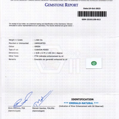 1.50 Ct GII Certified Untreated Natural Zambian Emerald Panna Gems