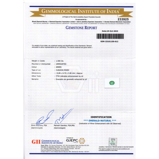 1.50 Ct GII Certified Untreated Natural Zambian Emerald Panna Gems