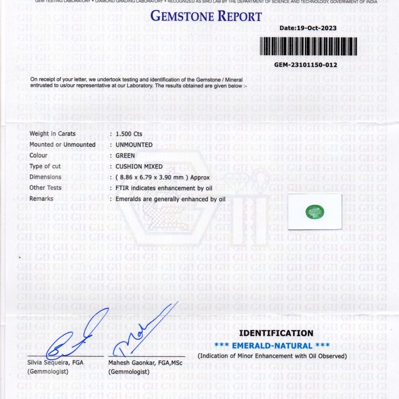 1.50 Ct GII Certified Untreated Natural Zambian Emerald Panna Gems