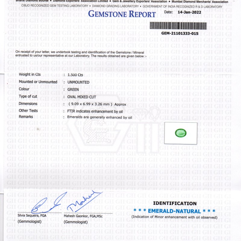1.50 Ct GII Certified Untreated Natural Zambian Emerald Gemstone 1.50 Ct GII Certified Untreated Natural Zambian Emerald Gemstone