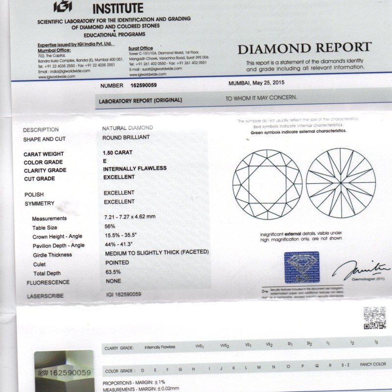 Rare 1.50 Ct Natural Diamond IF Clarity and F Colour IGI Certified XXX Rare 1.50 Ct Natural Diamond IF Clarity and F Colour IGI Certified XXX