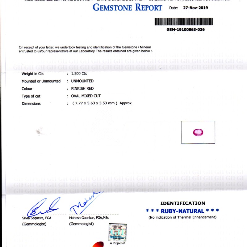 1.50 Ct GII Certified Unheated Untreated Natural Madagaskar Ruby