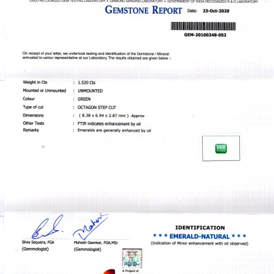 1.52 Ct GII Certified Untreated Natural Zambian Emerald Gems AAAAA