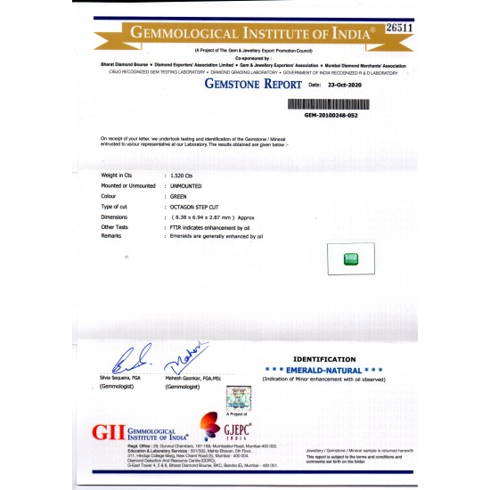 1.52 Ct GII Certified Untreated Natural Zambian Emerald Gems AAAAA