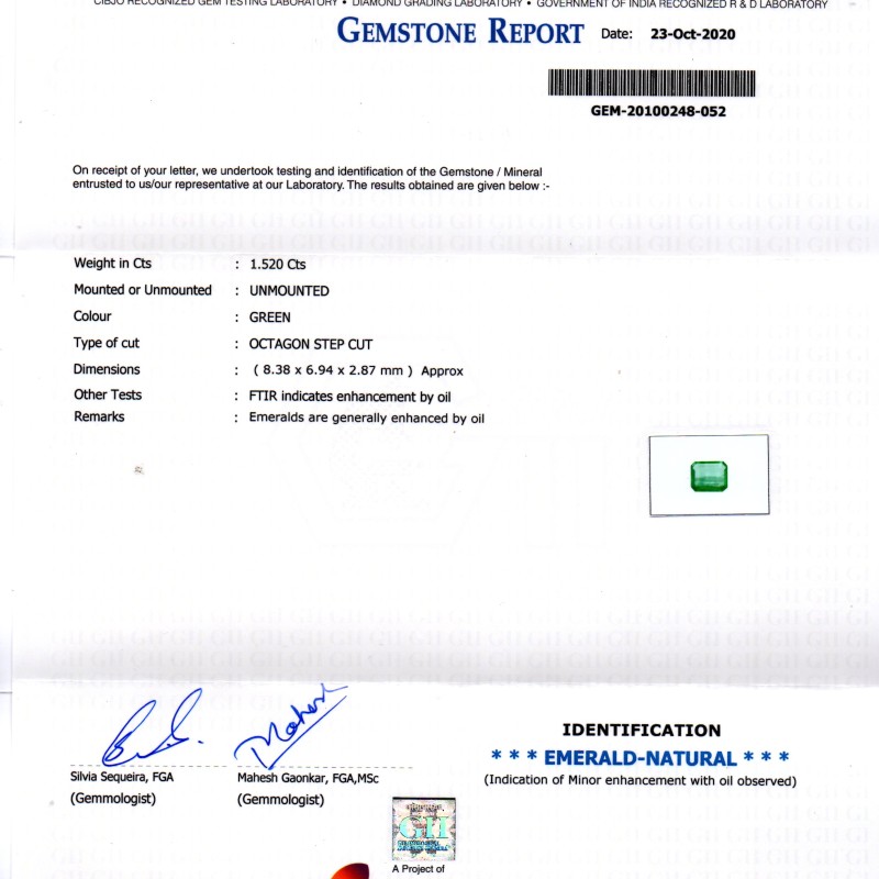 1.52 Ct GII Certified Untreated Natural Zambian Emerald Gems AAAAA 1.52 Ct GII Certified Untreated Natural Zambian Emerald Gems AAAAA